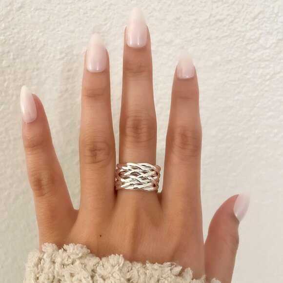 925 Sterling Silver Woven Ring Wide Ring Band Minimalist Ring Dainty Ring Band - Picture 2 of 10